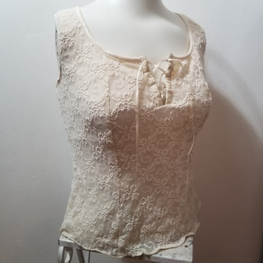90's Floral Lace up Neckline Tank Top - Picture 1 of 6